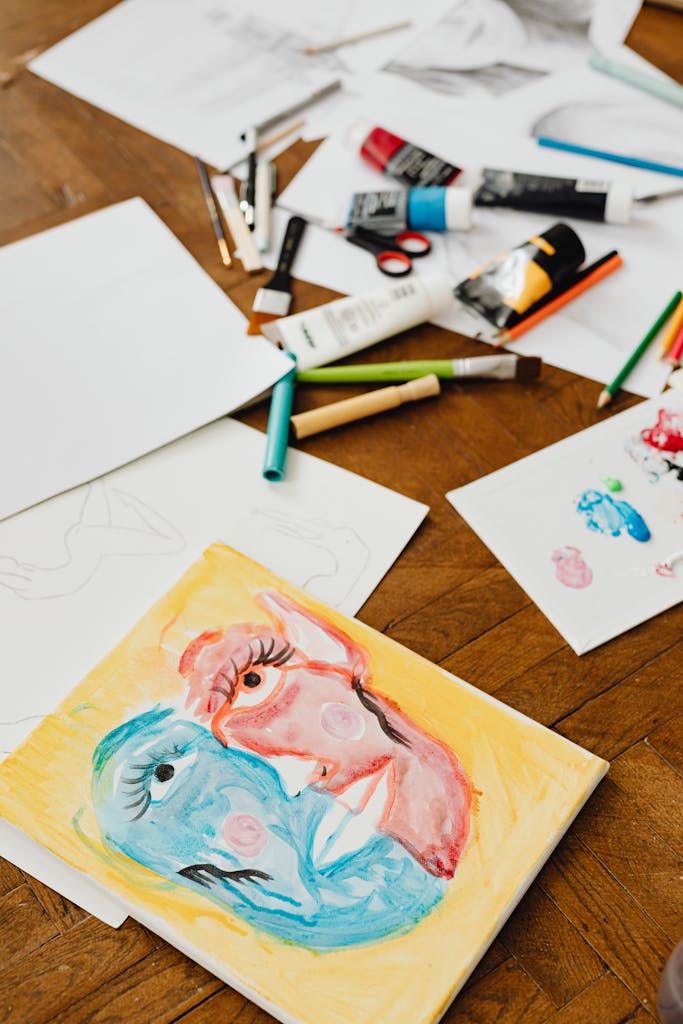 A vibrant art therapy painting with scattered art supplies on a wooden table.